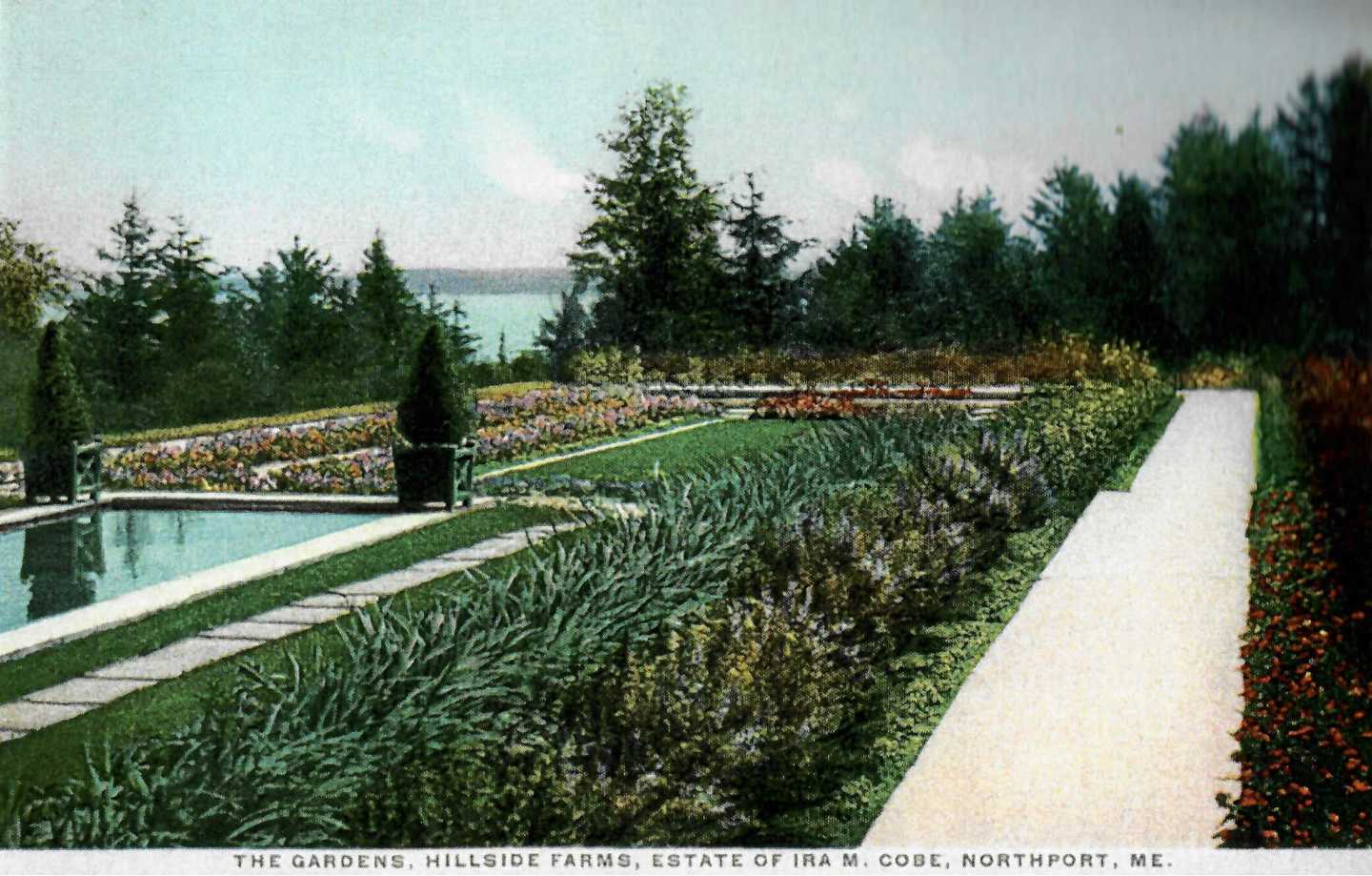 Postcard: The Gardens, Hillside Farms, Estate of Ira M. Cobe, Northport, ME (1937)